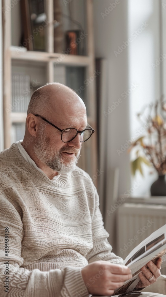 A man with glasses and a beard wearing a white sweater sitting and reading a book in a cozy room with a window and a plant. A man with glasses and a beard wearing a white sweater sitting and reading a book in a cozy room with a window and a plant.