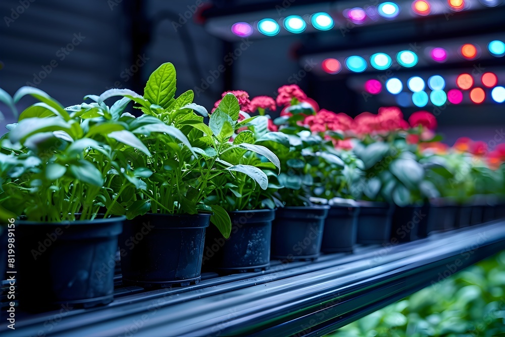 Lush Hydroponic Indoor Garden with Glowing LED Lights on Shelves