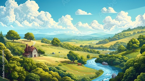 This is an illustration of a rural landscape. There is a small house in the middle, surrounded by trees and hills. A river runs through the valley in front of the house.