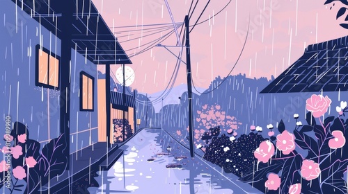 Rainy night. Superb anime-styled and DnD environment. anime illustrations. Illustrations