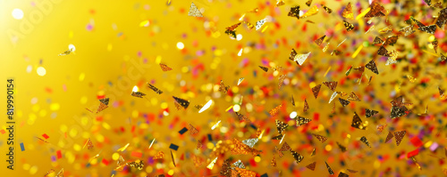 Glittering confetti falling gracefully against a radiant yellow setting, captured with immaculate detail in