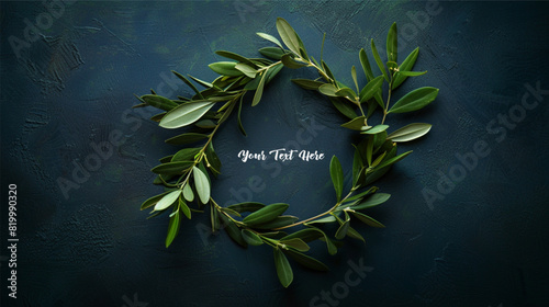 A minimalist olive branch wreath with leaves on dark background