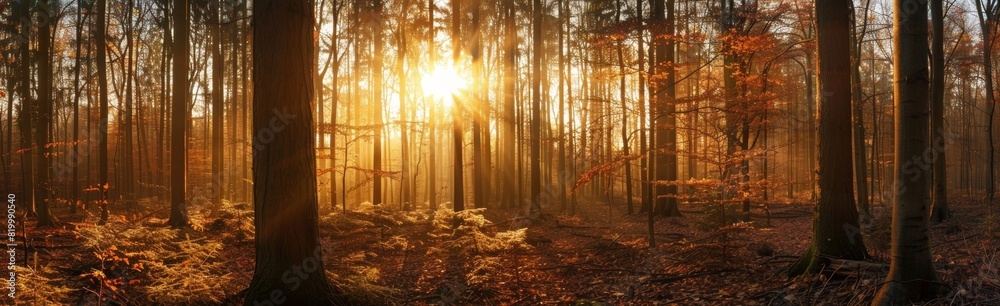 Morning sunlight streams through tall trees in a dense autumn forest, casting a golden glow.