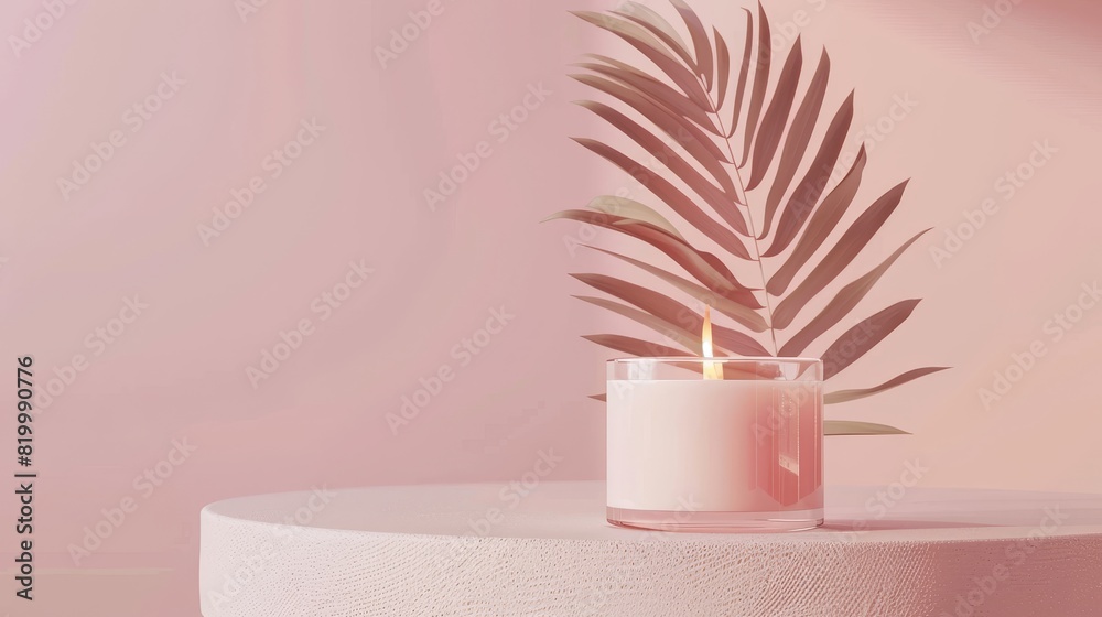 Candle mockup with copyspace for spa and relax featuring a pink candle with a palm leaf on pink background. Candle mockup with copyspace for spa and relax featuring a pink candle with a palm leaf on pink background.