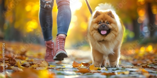 Chow Chow eagerly waits for a walk looking at its owner. Concept Dog Walking, Pet Ownership, Animal Behavior, Bond Between Owner and Pet