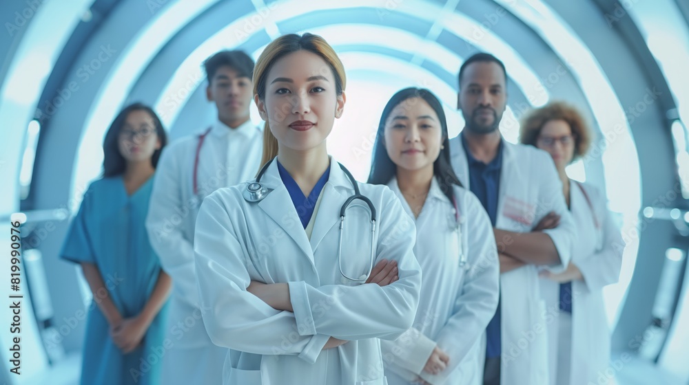 Fototapeta premium Medical professionals collaborate in a hospital corridor, showing teamwork and expertise in modern healthcare. Doctors, nurses, and allied health professionals work together in a clinical setting