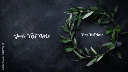 A minimalist olive branch wreath with leaves on dark background