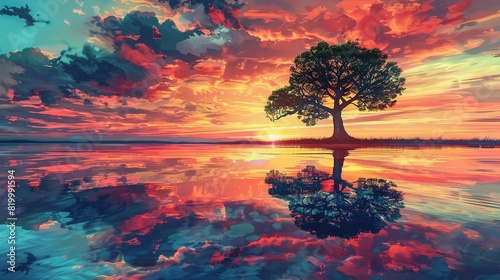 A digital painting of a tree at sunset. The sky is blue and orange, and the tree is reflected in the water below.
