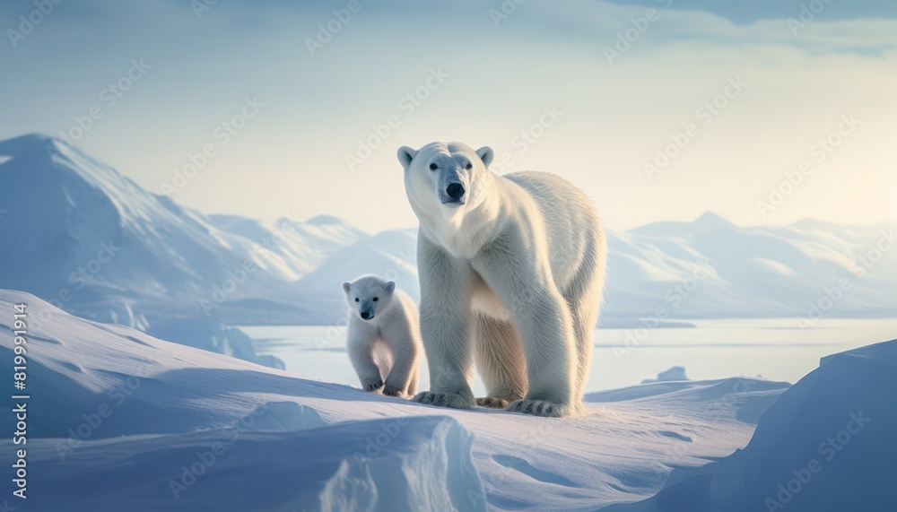 Mother and baby polar bears relax walks in extreme winter weather, polar bears family standing above snow with a view of the frost mountains Mother and baby polar bears relax walks in extreme winter weather, polar bears family standing above snow with a view of the frost mountains