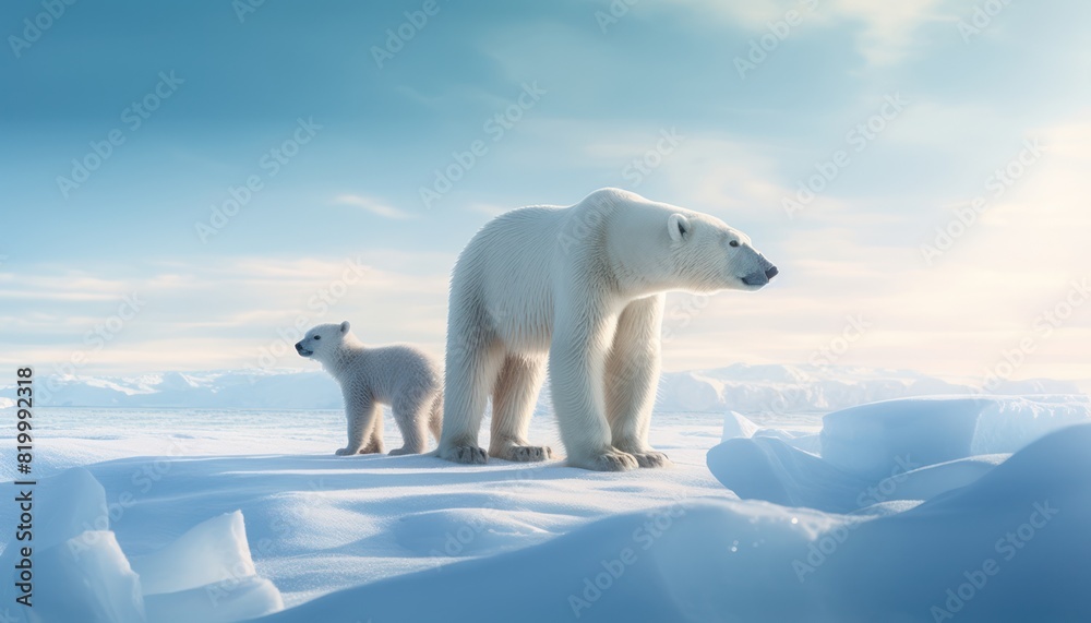 Mother and baby polar bears relax walks in extreme winter weather, polar bears family standing above snow with a view of the frost mountains Mother and baby polar bears relax walks in extreme winter weather, polar bears family standing above snow with a view of the frost mountains