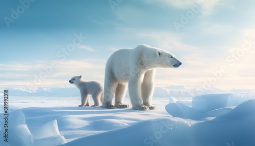 Mother and baby polar bears relax walks in extreme winter weather, polar bears family standing above snow with a view of the frost mountains © Virgo Studio Maple
