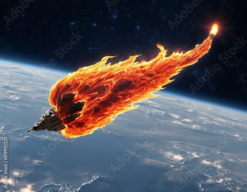 Large, fiery spaceship entering the Earth’s atmosphere with a tail of flames and smoke trailing behind it. The meteor appears to be burning intensely. Ai Generated