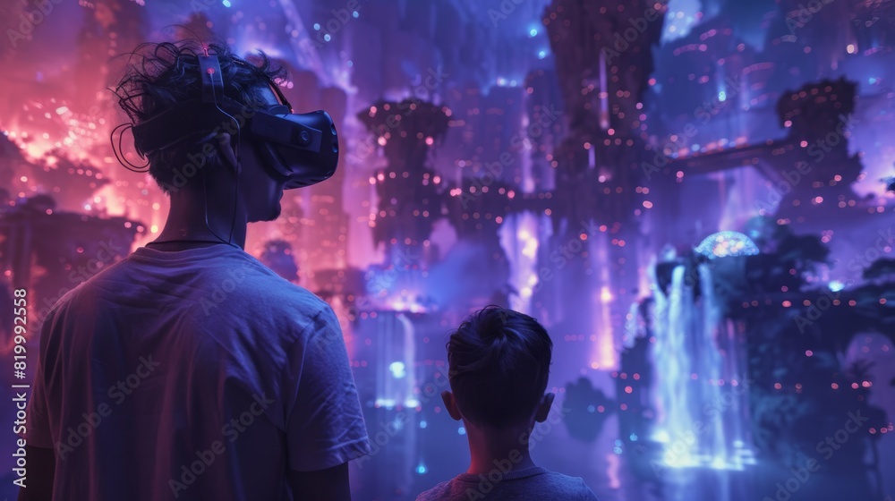 Obraz premium Kids using VR Goggles glasses embark on epic adventures in virtual reality, Bonding over fantastical experiences