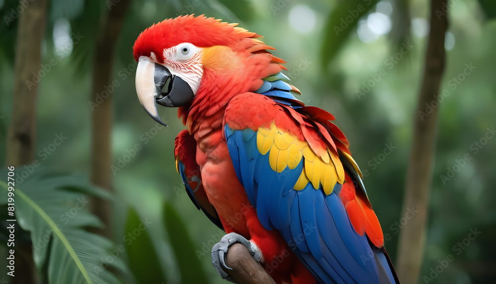 Close-up of Scarlet Macaw Bird on branch,Bird Photography