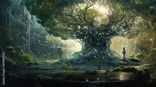 A digital artwork showing the fusion of nature and technology