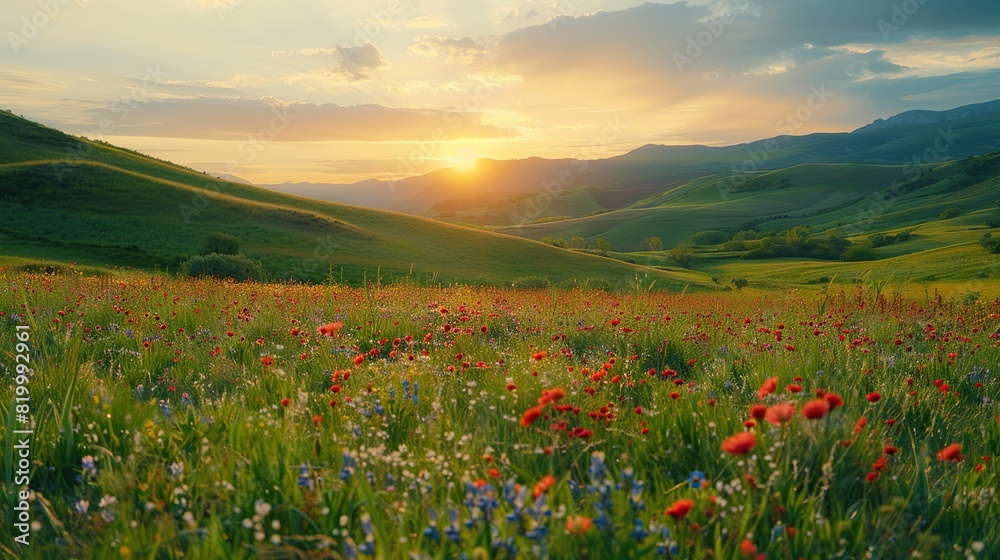 A meadow with a lot of flowers, grass, and plants. The sun is setting in the background.