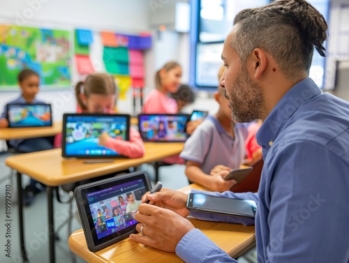 A man is teaching a class of children how to use tablets. The children are sitting at desks and using the tablets