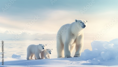 Mother and baby polar bears relax walks in extreme winter weather  polar bears family standing above snow with a view of the frost mountains