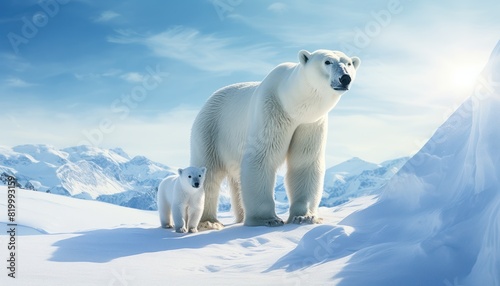 Mother and baby polar bears relax walks in extreme winter weather  polar bears family standing above snow with a view of the frost mountains