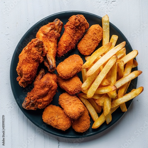 Fried chicken wings, nuggets and fries