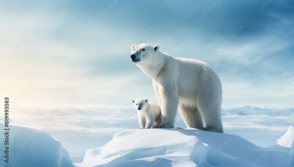 Mother and baby polar bears relax walks in extreme winter weather, polar bears family standing above snow with a view of the frost mountains Mother and baby polar bears relax walks in extreme winter weather, polar bears family standing above snow with a view of the frost mountains