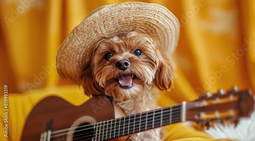 Small Dog Playing Guitar With Straw Hat photo
