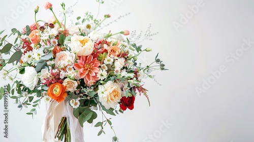 A bouquet of flowers and greenery on a white background. The flowers are mostly pink and white, with some green and yellow foliage.