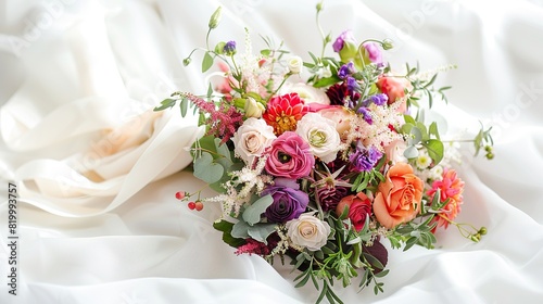 A bouquet of flowers and greenery on a white background. The flowers are mostly pink and white, with some green and yellow foliage.