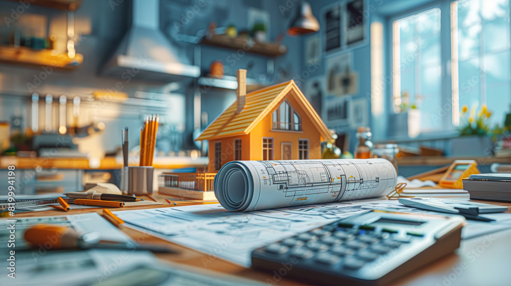 Built Like A Ruler an architect's workspace, with rolled blueprints, a 3D house model ...
