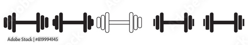 Dumbbell icons set in outlined and filled flat style. Gym heavy strength training dumbbell line pictograms. Weight lifting dumbbell signs.