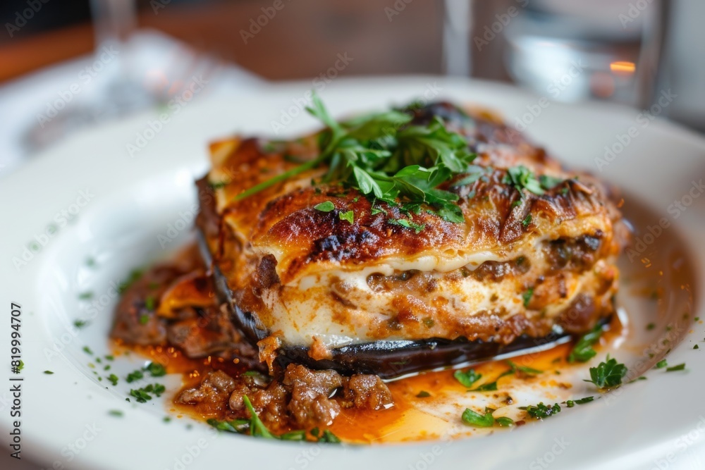 Traditional Greek Moussaka with parsley garnish on white plate. Greek Food Traditional Greek Moussaka with parsley garnish on white plate. Greek Food