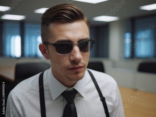 Male office worker wearing sunglasses, wearing a white shirt, tie looking away from the camera