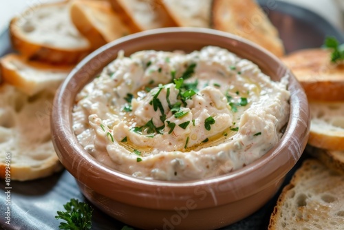 close up of fresh taramasalata (fish roe dip) served with slices of toasted bread  photo