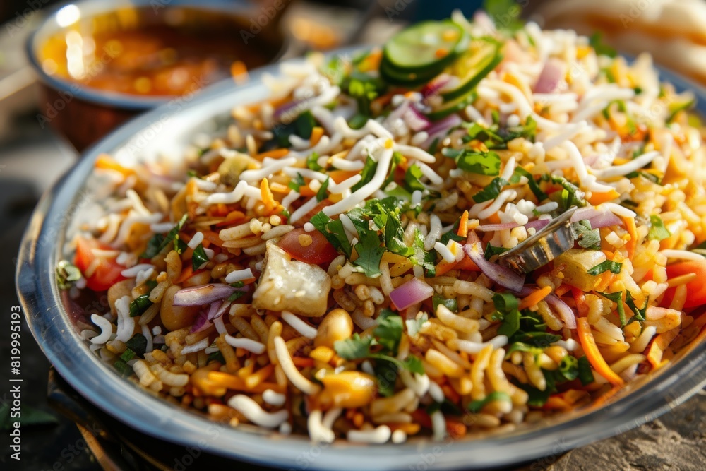 Spicy Indian Bhel Puri with puffed rice, vegetables, and tangy tamarind sauce --ar 3:2 --style raw Job ID: 9ff05723-8d8f-4148-bdb9-9fc1c101a787 Spicy Indian Bhel Puri with puffed rice, vegetables, and tangy tamarind sauce --ar 3:2 --style raw Job ID: 9ff05723-8d8f-4148-bdb9-9fc1c101a787