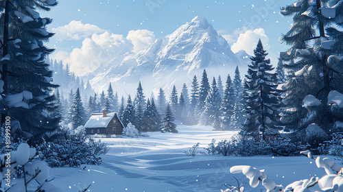 A peaceful snowy landscape with tall pine trees and a cozy cabin in the distance.