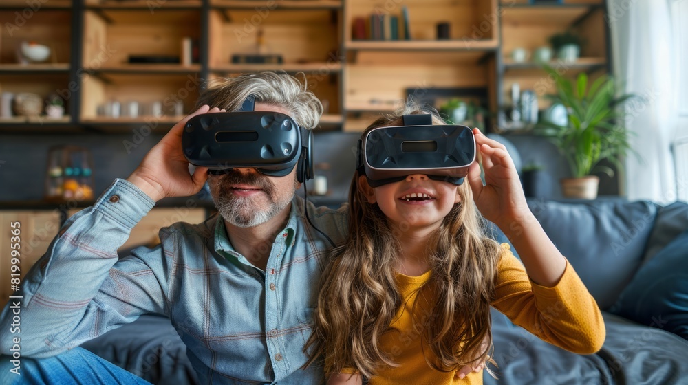 Dad and child using VR Goggles glasses embark on epic adventures in virtual reality, Bonding over fantastical experiences Dad and child using VR Goggles glasses embark on epic adventures in virtual reality, Bonding over fantastical experiences
