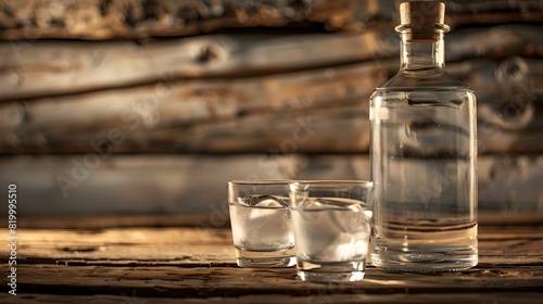 Unlabeled Bottle and Glasses of Vodka on Wooden Background