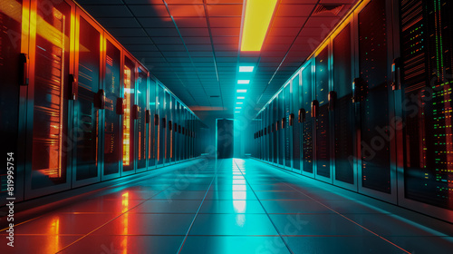 Modern data center corridor with red and blue lighting illuminating the server racks