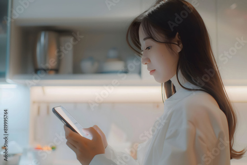 Woman using mobile device at home