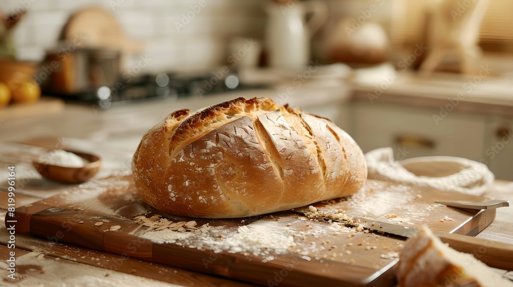Artisan bread on cutting board warm kitchen Artisan bread on cutting board warm kitchen