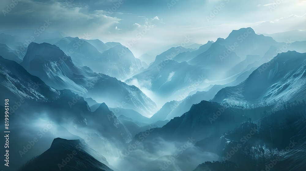 Scenic mountain range dawn mist morning light Scenic mountain range dawn mist morning light