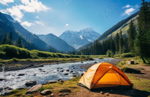 Tent Pitched in Grass by River