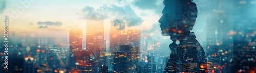 A cityscape overlaid on an image of a leader  symbolizing the connection between urban life and leadership qualities.