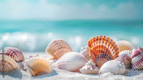Colorful seashells on white sand tropical beach