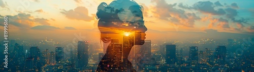 Image of a figure in a leadership position superimposed on a background of an urban cityscape, showcasing the influence of leadership and its effects on the business sector