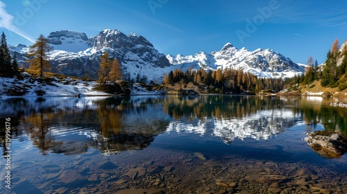 Mountain lake crystal-clear water reflecting snow-capped peaks