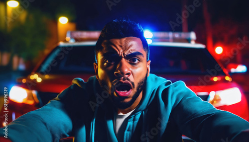 photo of portrait close up view of criminal suspect in crime scene standing in front of police car at night and red blue light  generative AI