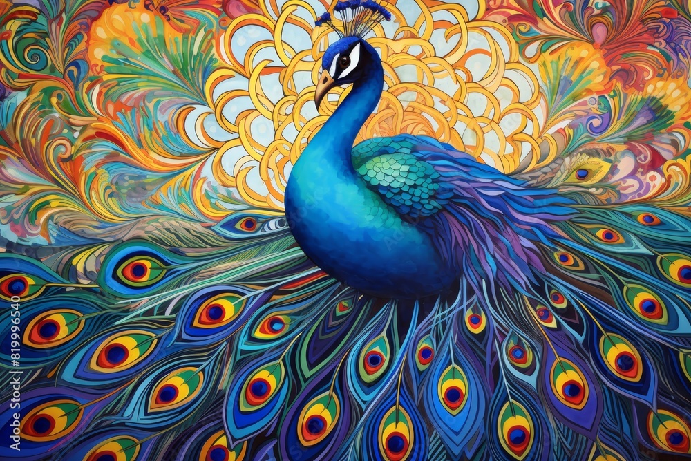 Fototapeta premium Vibrant artistic painting of a peacock with colorful feathers and intricate background patterns, displaying elegance and beauty.