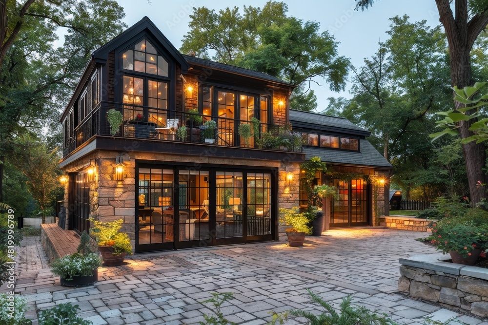 Elegant modern house with large glass windows, warm lighting, and lush greenery in a peaceful outdoor setting Elegant modern house with large glass windows, warm lighting, and lush greenery in a peaceful outdoor setting