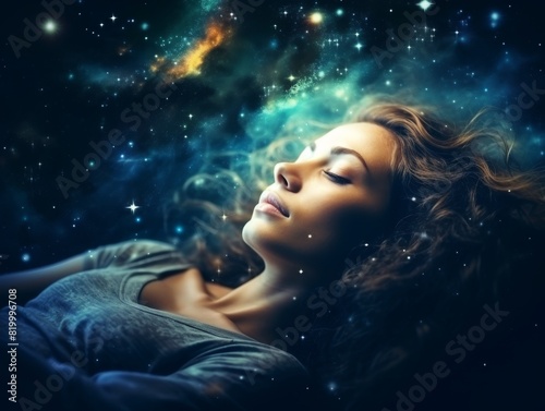 Woman dreaming in a cosmic landscape with stars and galaxies, representing imagination, fantasy, and the universe.